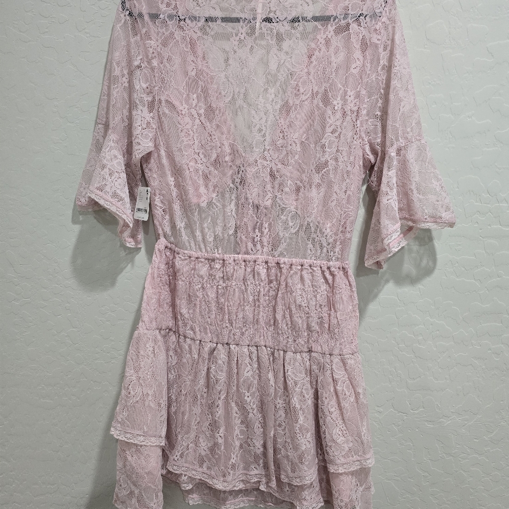 Free People Lala Lace Sheer  V-Neck Mini Dress in Pink Dawn - Picture 4 of 6